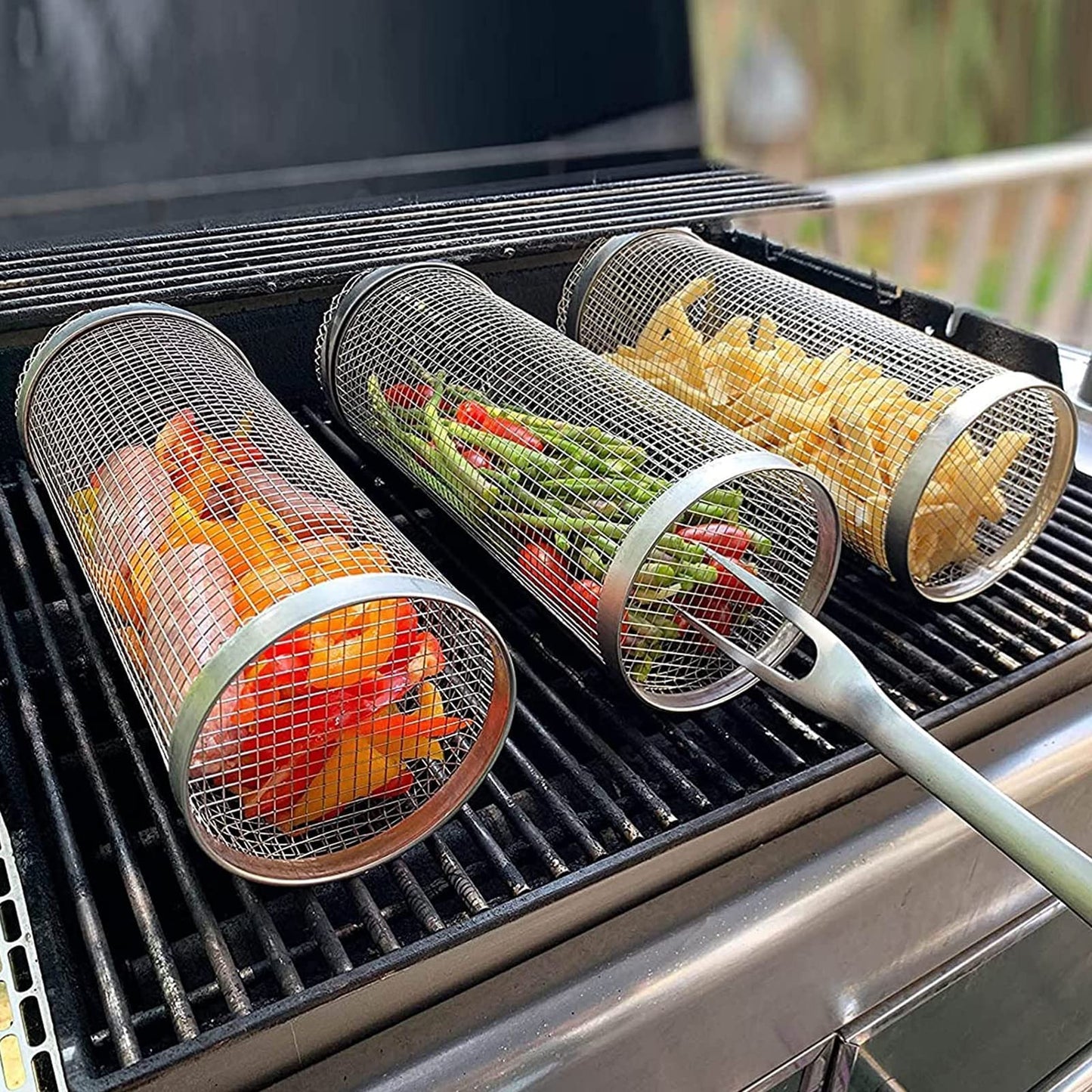 Rolling BBQ Grilling Basket — Stainless Steel