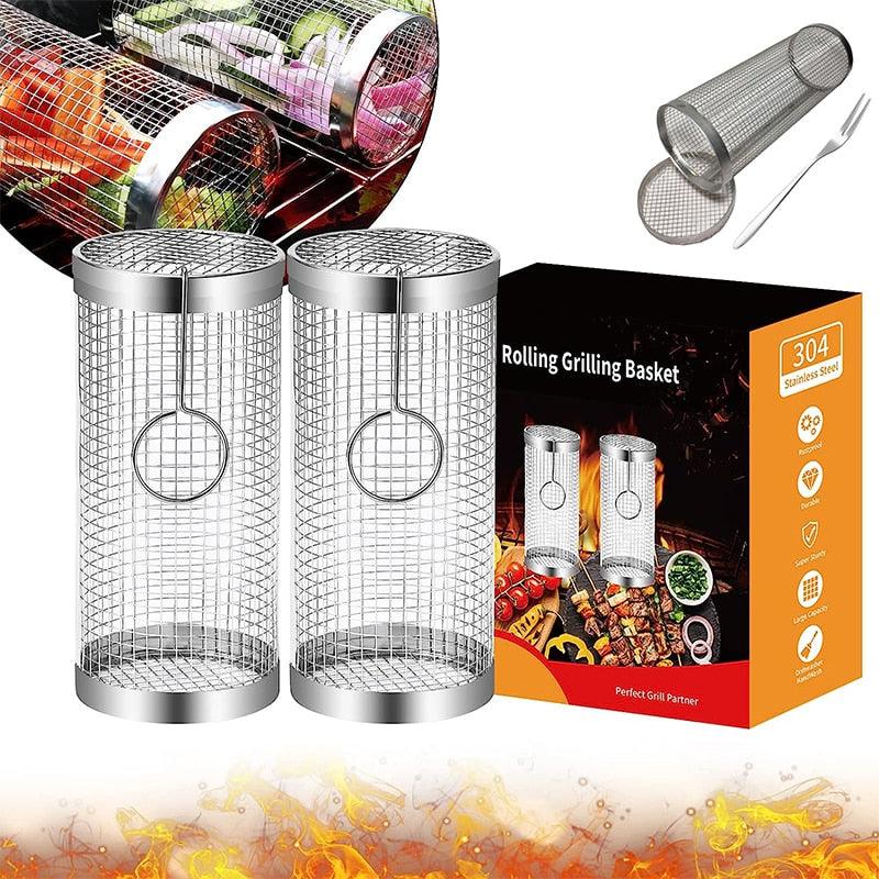 BBQ Rolling Grilling Basket — Stainless Steel (20cm or 30cm)