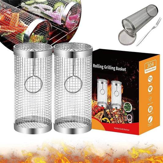BBQ Rolling Grilling Basket — Stainless Steel (20cm or 30cm)