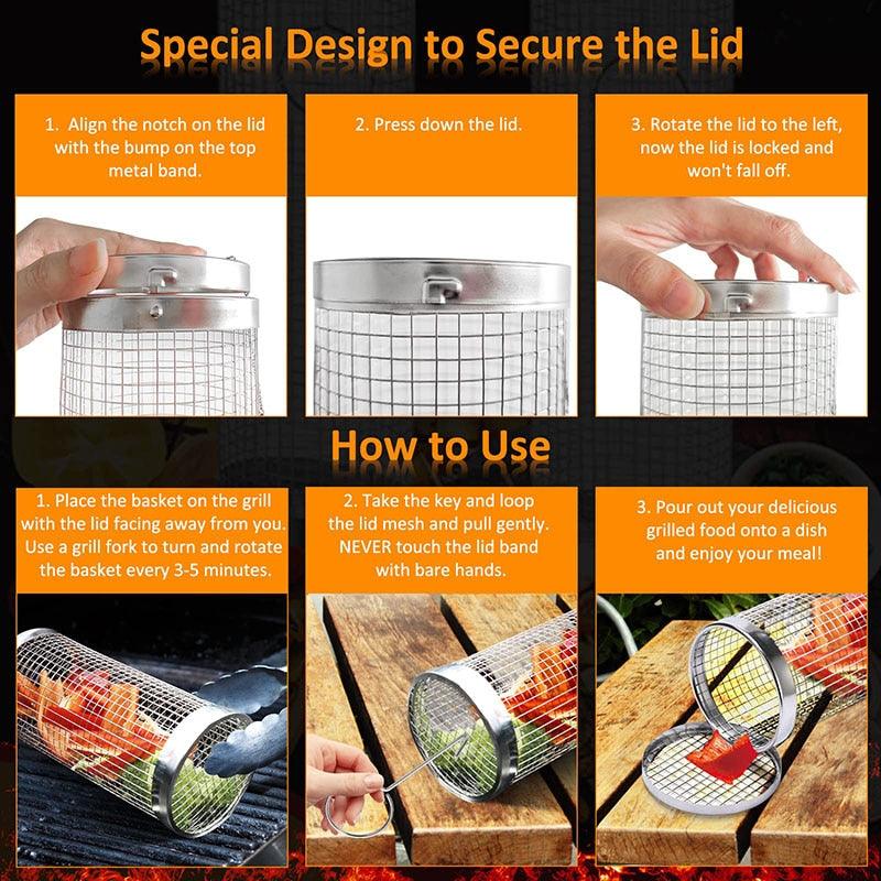 BBQ Rolling Grilling Basket — Stainless Steel (20cm or 30cm)