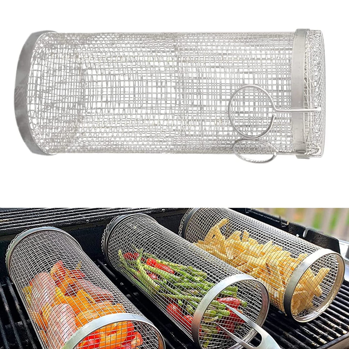 Rolling BBQ Grilling Basket — Stainless Steel