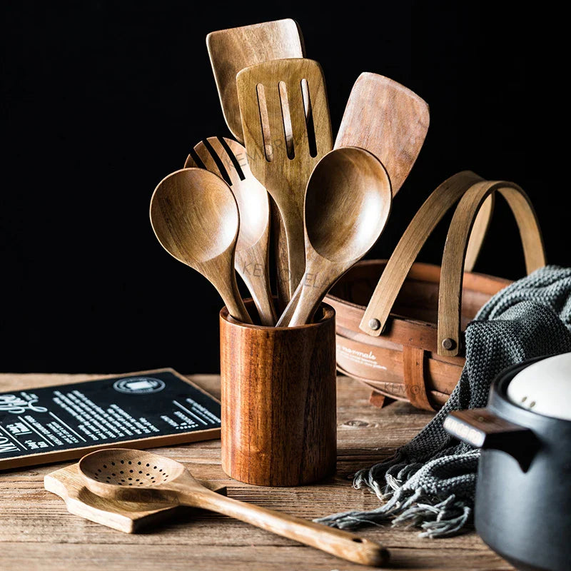 9-Piece Teak Wooden Kitchen Utensil Set with Holder
