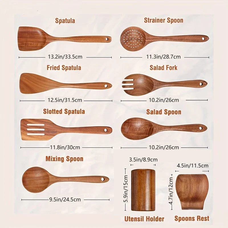 9-Piece Teak Wooden Kitchen Utensil Set with Holder